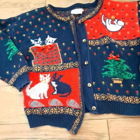 Vintage Sweater Loft Cat Cardigan Sweater Women's Size S Small blue red READ - Picture 2 of 11